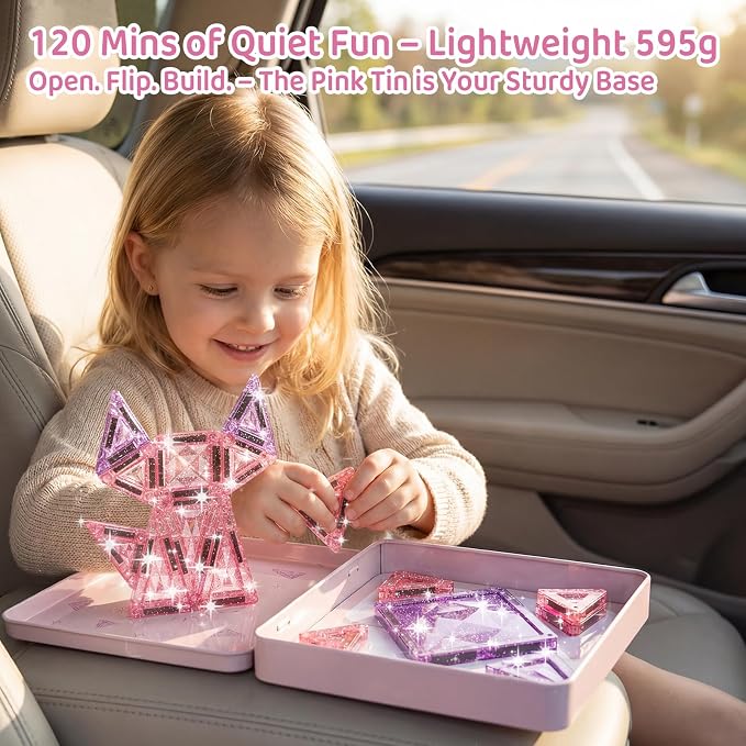 burgkidz Sparkling Glitter Magnetic Tiles: Castle Gift for Girls 3-8 | 42pcs pink-purple glitter, gift-ready tin, BPA-free, ASTM safe, strong magnets, 120min quiet, castle toy for girls 3-8