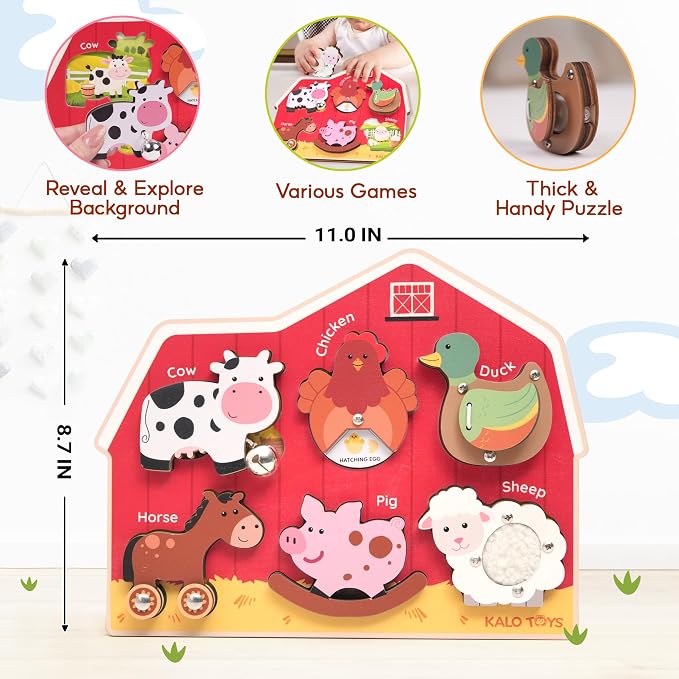 KALOTOYS Wooden Farm Animal Puzzle for Toddlers 1-3 – 6 Piece Montessori Sound & Sensory Puzzle with Textures & Hatching-Egg Chicken – Fine Motor Learning Toy & Autism-Friendly Baby Gift