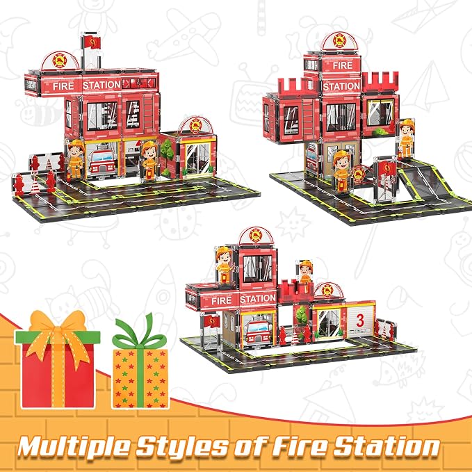 AFUNX Fire Station Magnetic Tiles Building Set for Kids Ages 3+ | Strong Magnets, Compatible with Major Magnetic Tile Brands,Rescue Pretend Play, Creative Building,Gift Ready