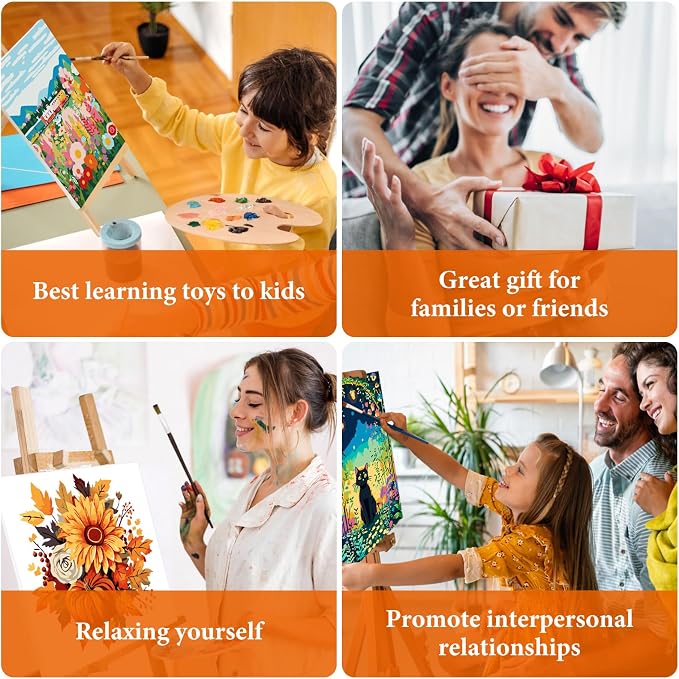 Fountor Framed Paint by Numbers Kit for Adults Beginner & Kids Ages 8-12, Black Cat Paint by Number with Frame, Easy Acrylic Cat Flowers Painting by Numbers Kit on Canvas 8x12 inch