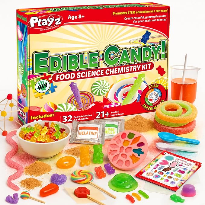 Playz Edible Candy Making Kit for Kids Age 8-12 Years Old with 40+ Fun | Science Experiments, DIY Chemistry kit for kids Rock, Gummy, Chocolate, hard candy maker, STEM Toys/gift for Girls and Boys
