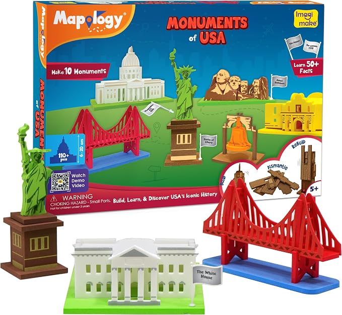 Imagimake Mapology - Monuments of USA, Build 10 3D Famous Landmarks | Educational 3D Puzzle, Learn Geography & 50+ Facts, Back to School Gift for Boys & Girls Ages 5,6,7,8,9,10,11,12 Years Old