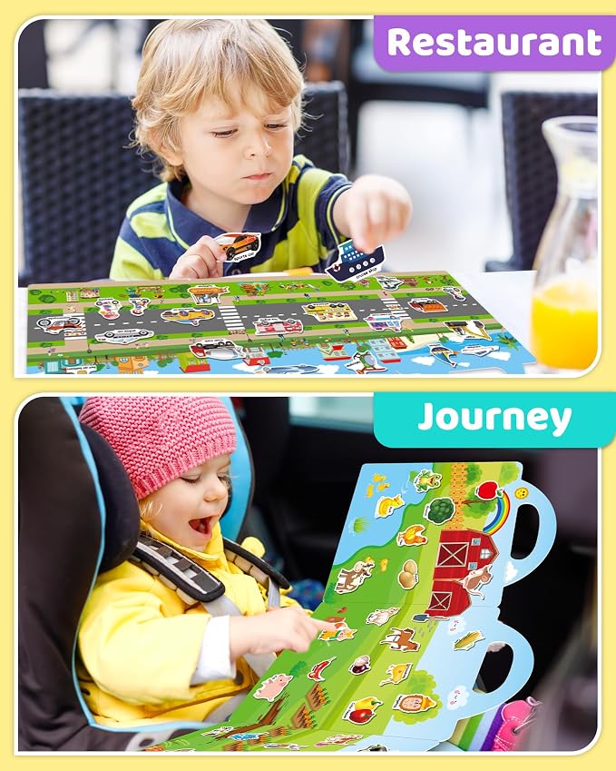 Benresive Reusable Sticker Book for Toddlers, Stickers for Kids, Travel Toy | Toddler Toys, Boys Girls Birthday Gifts, Airplane & Road Trip Essentials Kids, No Mess Waterproof Toddler Crafts Activities