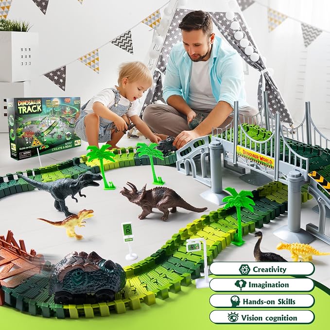 268 PCS Race Tracks Dinosaur Toys for Kids 3-5, Flexible DIY Track Set | Glow in The Dark Magic Toy Set, 2 Dinosaur Cars Track, Birthday Gift for Age 3-9 Boys Toddler Girls