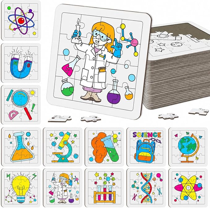 Cinrobiye 24 PCS Science Coloring Puzzle Craft Kit for Kids, DIY STEM Science Jigsaw Puzzles Bulk with 12 Designs, Educational Classroom Activities, Sciences Party Favors, Art Projects