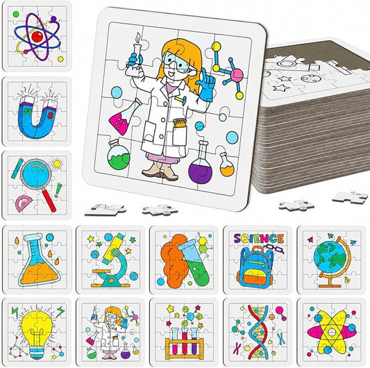 Cinrobiye 24 PCS Science Coloring Puzzle Craft Kit for Kids, DIY STEM Science Jigsaw Puzzles Bulk with 12 Designs, Educational Classroom Activities, Sciences Party Favors, Art Projects