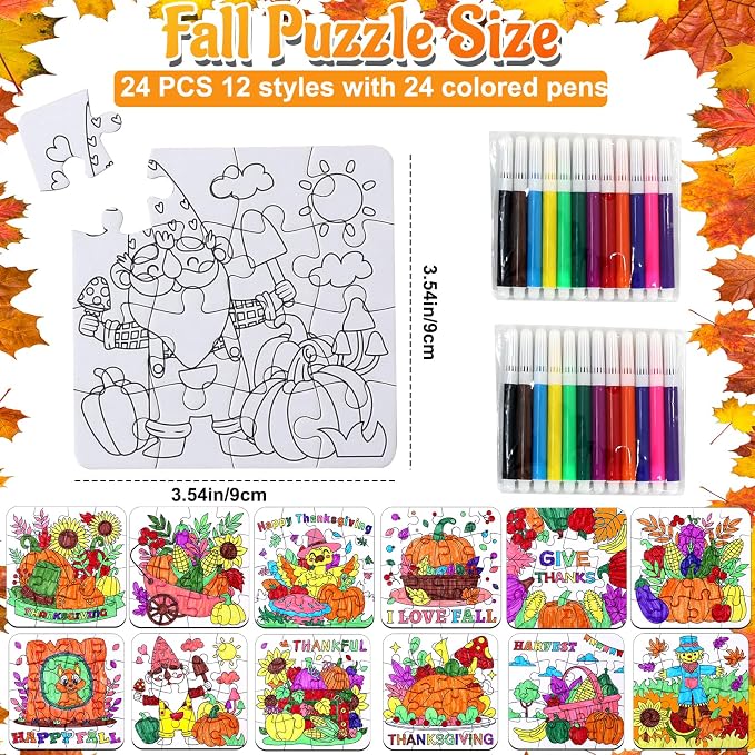 Thanksgiving Fall Crafts for kids, Autumn Art Activity DIY Blank Puzzle Toy | 24 Set Thanksgiving Craft Pumpkin Turkey, Fall Classroom Gift for Toddler Adult Party Favors Coloring Game Supplies Bulk