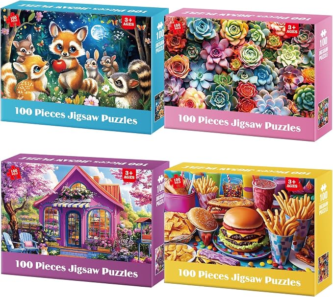 4 Packs 100 Piece Puzzles for Adults - Forest Animals, Flower Shop, Succulents, Hamburgers Large Piece Puzzles for Seniors Adults Jigsaw Puzzle for Kids Ages 6-8 8-10 Learning Educational Puzzles Gift
