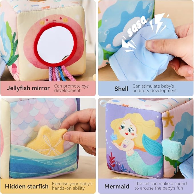 Youuys Baby Tissue Box Toy for Babies 6-12 Months - Montessori Sensory Busy Cube Toys with 3 Textured Balls & 12 Silky Scarves - Ideal Gift for Toddler Girls Ages 6 12 18 Months (Mermaid Theme)