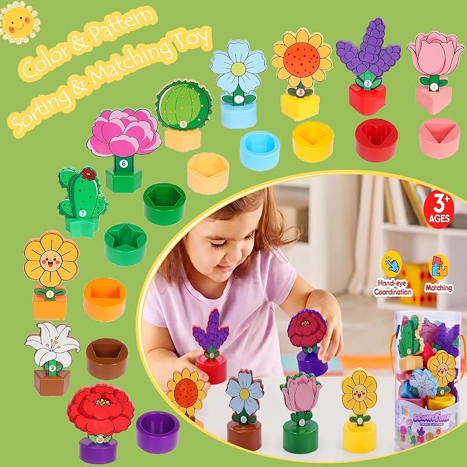 GKDOMS Montessori Shapes & Colors Sorting Flower Garden Toys Matching Game | 10pack Potted Plants, Kids Flowers Building Set, Sensory Toys, Preschool Learning Activities, Educational Gifts
