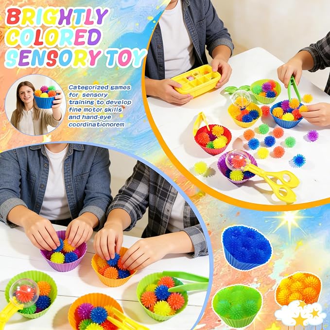 Bbiamsleep 78 Pcs Sensory Bin Filler Sensory Bin Items Fine Motor Skills | Light Box Manipulatives Include Colorful Hedge Balls Tweezers Scissors Clips Sorting Cup for Sorting Counting Training