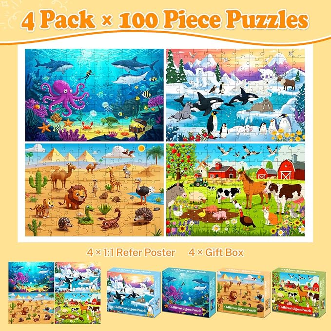 4-Pack 100 Piece Puzzles for Kids Ages 4-6 6-8 8-10 10-12, Farm Desert Polar Seaworld Kids Puzzles Ages 3-5 4-6 5-8 8-10, Learning Educational Jigsaw Puzzles 100 Pieces, Gifts for Girls Boys 15x10in