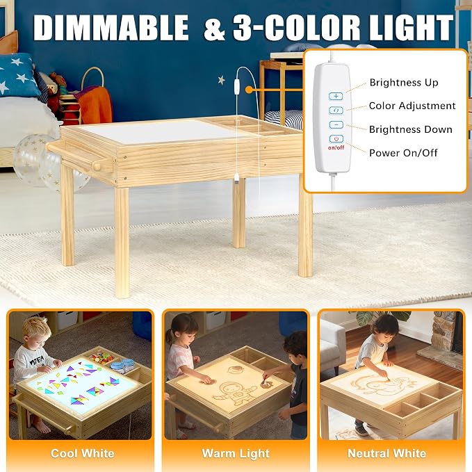 GDLF Sensory Light Table for Kids, 3-in-1 Activity Table with Storage | Interchangeable tops support brick play, tracing and art; 3-color dimmable LED, side bins and paper roll holder for ages 3+