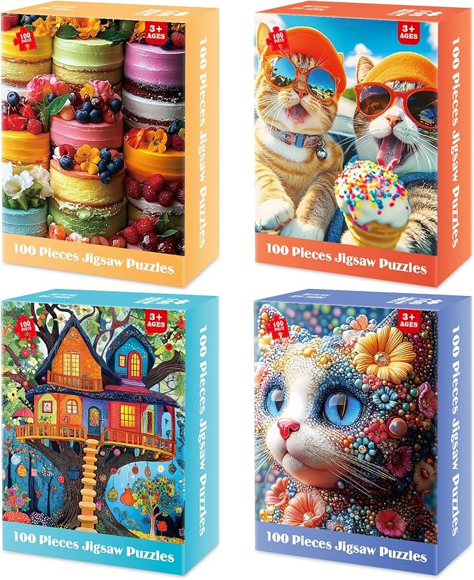 4-Pack 100 Piece Puzzles - Cakes Tree House Cats Puzzle for Kids Ages 4-8 8-10, 100 Piece Jigsaw Puzzle for Adults Seniors Children Learning Educational Puzzles Toys Birthday Xmas Gifts for Girls Boys