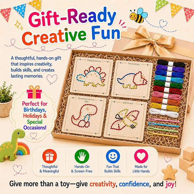 Montessori Wooden Lacing Dinosaur Toys for Toddlers and Kids Ages 2-4 5-7, Sewing Kit Fine Motor Skill Busy Board, Education Sensory Preschool Toy for 1 2 3 4 Year Olds, Birthday Gift for Boys Girls