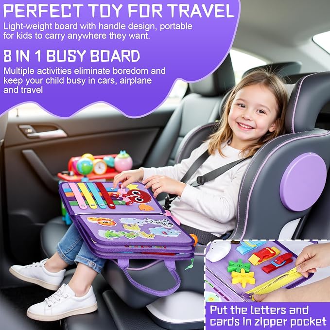 Esjay Busy Board Montessori Toys for Girls, Sensory Book Educational Activities Learning Fine Motor Skills, Birthday Gifts for Girls, Travel Toys for Airplane Car, Purple Multipages