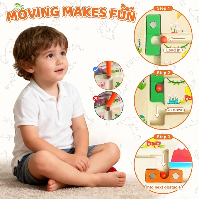 Magnetic Maze for Toddlers 3+, Dinosaur | Color and Number Maze, Montessori Wooden Color Sorting & Counting Board, Fine Motor Skills Preschool Learning Toy