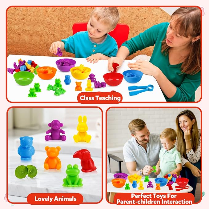 RAEQKS Counting Sorting Toys Matching Stacking Toys with Bowls Preschool Learning Activities for Math Montessori Fine Motor Skills Sensory Animals Toy Sets Gift for Kids Boy Girl Aged 3+ Year