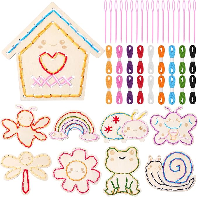 Capoda 18 Pcs Kids Lacing Cards Back to School Educational Threading Toy for Kid Wooden Lacing Card Toys with Colorful Threads for Develop Imagination Early Education Learning Activity