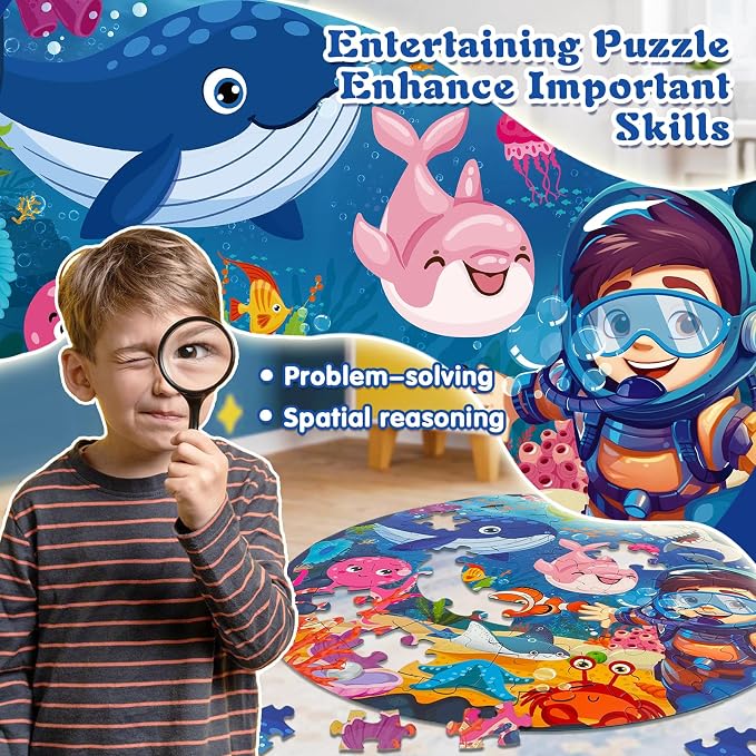 TALGIC Puzzles for Kids Ages 4-6 with Ocean & Underwater World, 70 Piece | Large Round Floor Puzzles, Colorful Underwater World, Educational Learning Toys for 3, 4, 5, 6, 7, 8, Gift for Boys Girls