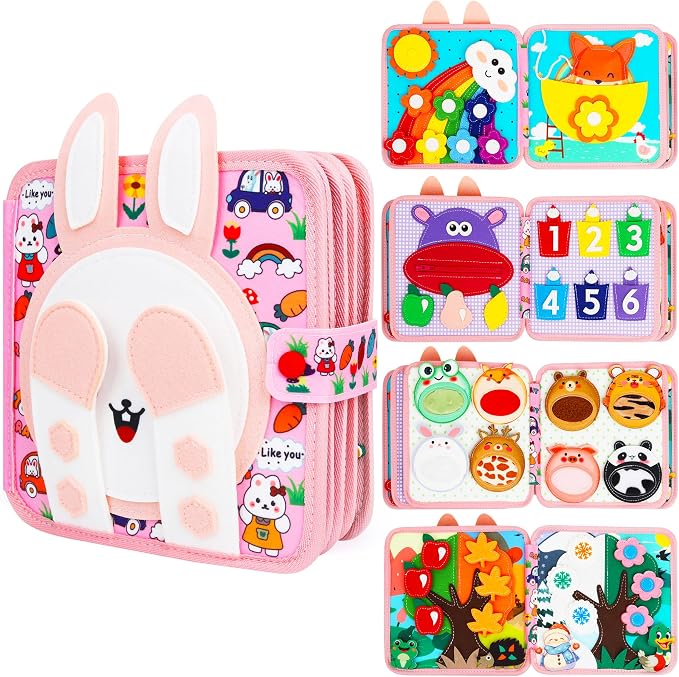 Bunny Montessori Busy Book for Toddlers 1-3 - Soft Felt Hand-Stitched Sensory Board Quiet Toy for 1 2 3 Year Old Toddler Boy Girl - Travel Essentials Educational Activity Toys Birthday Easter Gifts