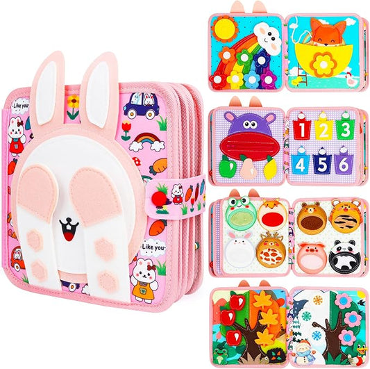 Bunny Montessori Busy Book for Toddlers 1-3 - Soft Felt Hand-Stitched Sensory Board Quiet Toy for 1 2 3 Year Old Toddler Boy Girl - Travel Essentials Educational Activity Toys Birthday Easter Gifts