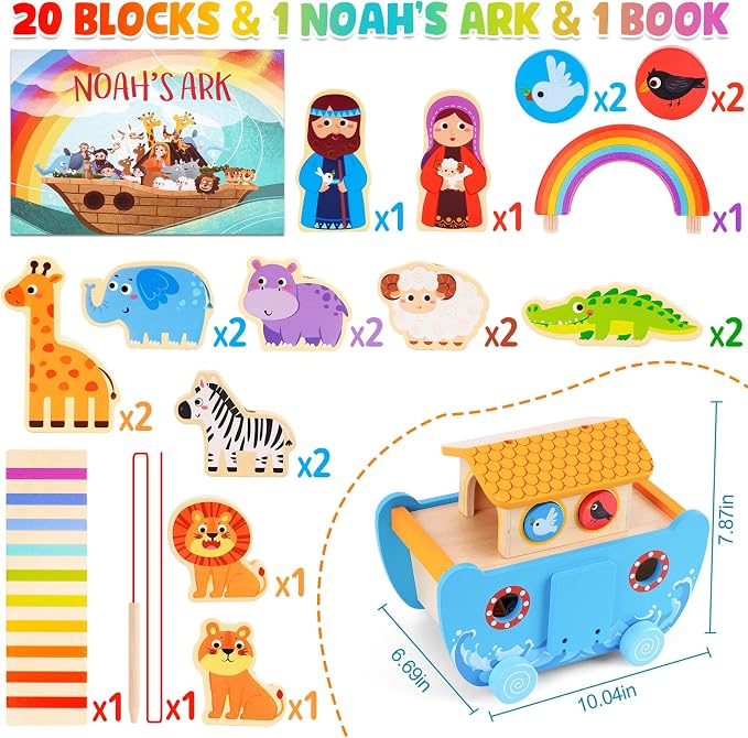 ATOYUS Wooden Noah's Ark Toy for 2+ Year Old Kids Boy and Girl Baptism Gift | Montessori Educational Toy with Animal Shape Sorter, Christian Bible Story Book for Kids Ages 2-4, Christmas Birthday Gifts