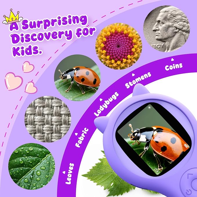 Ashfly Kids Microscope, 500X Digital Magnifying Glass, STEM Toy, Purple | 2-inch IPS Screen, 8 Adjustable LEDs, Macro Autofocus, Built-in Photo Storage, USB-C Charging and Windows PC Viewing