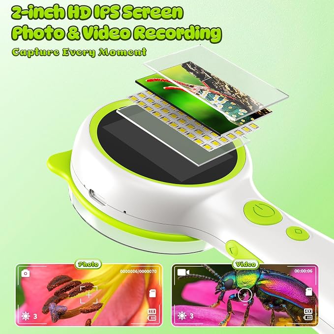 Kids Microscope Green Bear - Digital Handheld STEM Kit & 1080P Camera (600x Zoom) - Portable Science Toy for Nature Observation & Forest Hiking - Gift for Boys & Girls Age 5-12