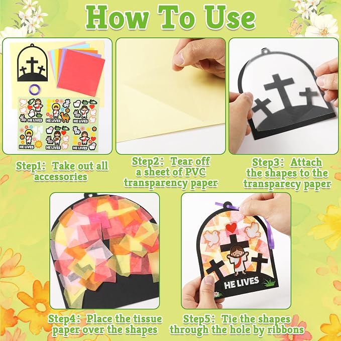 Qyeahkj 36 Set Easter Jesus Cross Suncatchers Crafts for DIY Christian Religion Cross Window Tissue Paper Craft Kit Hanging Decor for Home Activity Art Project Birthday Party Favor