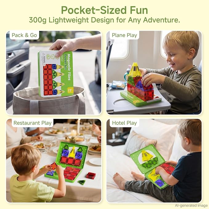 Travel Magnetic Tiles for Kids Car Games Road Trip Essentials | 26 PCS Mini Magnet Building Blocks in Tin Box to Stop Crying - 0.64 lb Pocket Size Educational Toy- Boys Girls Age 3-8