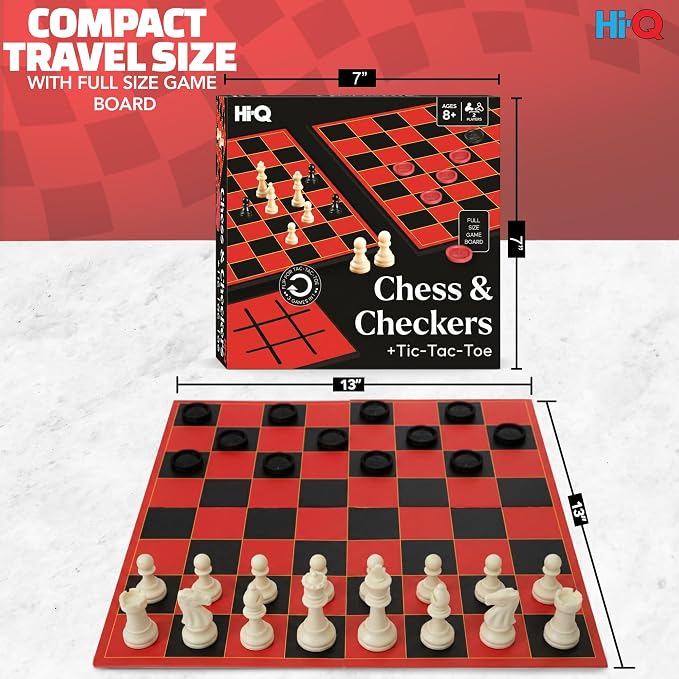 3-in-1 Chess, Checkers & Tic-Tac-Toe Game Set – Double-Sided Folding Board – Staunton Style Pieces & Interlocking Checkers – Classic Strategy Family Board Game for Kids & Adults