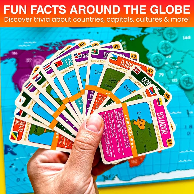 Quokka Board Games for Kids 8-12 - Family Games for Kids and Adults - Journey Across the World Card Game Ages 5-9 - Learn Capitals, Flags, Facts, and Map Locations with 195 World Map Cards