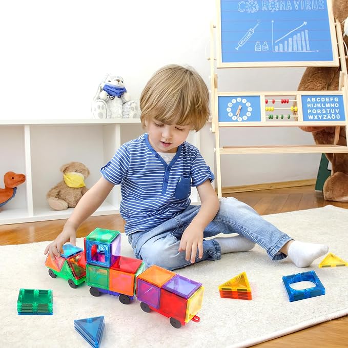 Mruikeny Magnetic Tiles Cars Construction Set - 4 PCS Magnetic Tiles Magnet Bricks Truck Sensory Toys, Educational Magnet Cars Set Building Blocks for 3 4 5 6 7 8+ Year Old Girls Boys