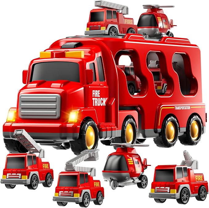 Fire Truck Toys for Toddler 3-5, 5-in-1 Fire Car Carrier | Vehicle Set for Boys Girls 3 4 5 6 Years Old, Transport Car with Light Sound, Birthdays Gifts for Kids Girls Aged 3-9