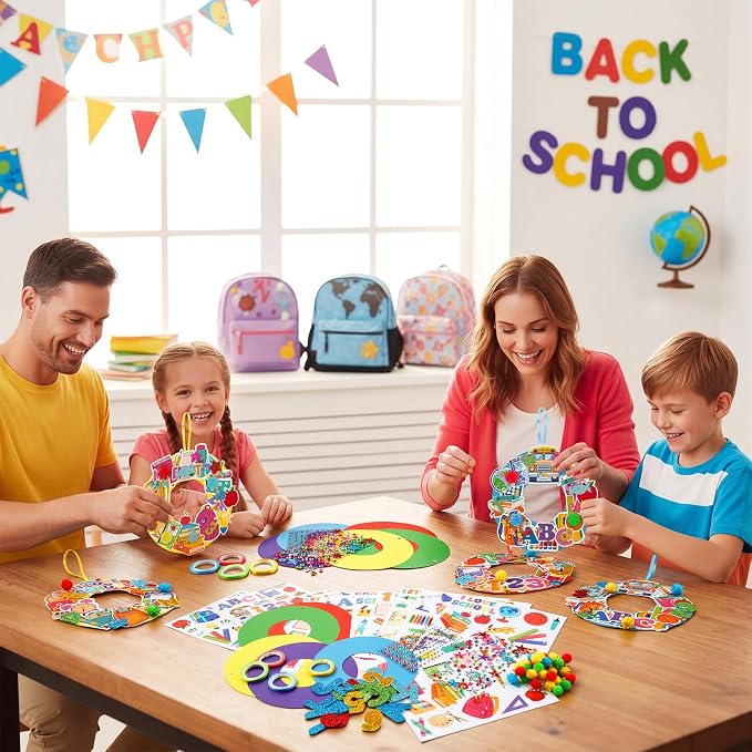 Hollowfly 48 Sets Back to School Crafts Kits, DIY Wreath with Stickers | School Themed Hanging Decor for Kids Classroom, Foam Stickers Included, First Day Party Favors Make Your Own Activities