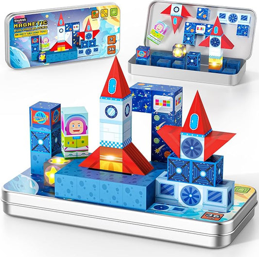 36 PCS STEM Learning Mini Magnetic Blocks Travel Set | With Portable Iron Storage Box&LED Light-Up Magnetic Cubes, Montessori Sensory Toys Gifts for Toddlers, Boys & Girls