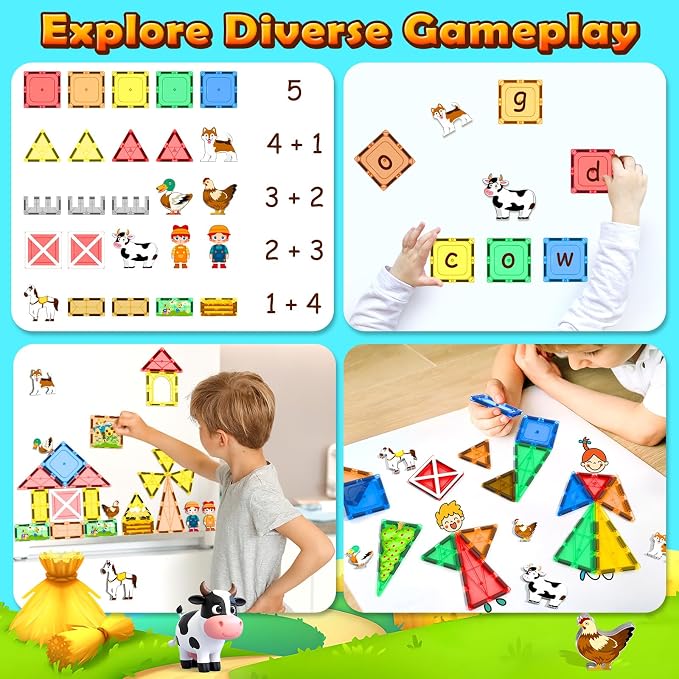 Magnetic Tiles Toys with Farm Animals for 3+ Year Old Toddler, Magnetic Blocks Building Toys for Kids Ages 3-5 5-7 Girls Boys, Classroom Must Haves
