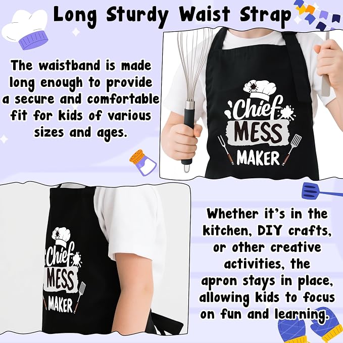 R HORSE 2 Pieces Kid Apron and Chef Hat Set, Dress up Pretend Play Toy | Black Chief Mess Maker Adjustable Children Kitchen Apron Set, Ideal for Cooking, Baking, Painting, Cooking Birthday Gift