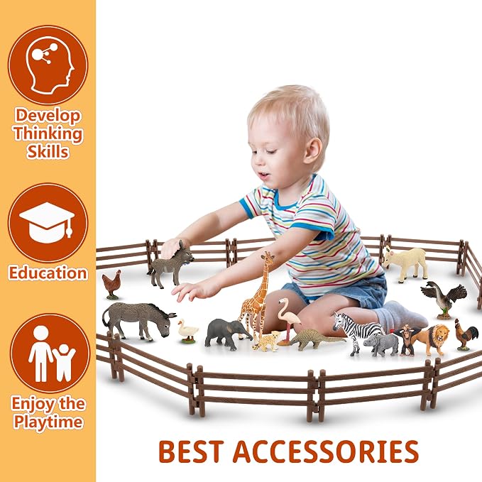 TOYMANY 24PCS Plastic Fence Toys Horse Corral Fencing Accessories Playset | for Farm Barn Paddock Horse Stable or Farm Animals Horses Figurines, Educational Gift Cake Toppers for Kids Toddler