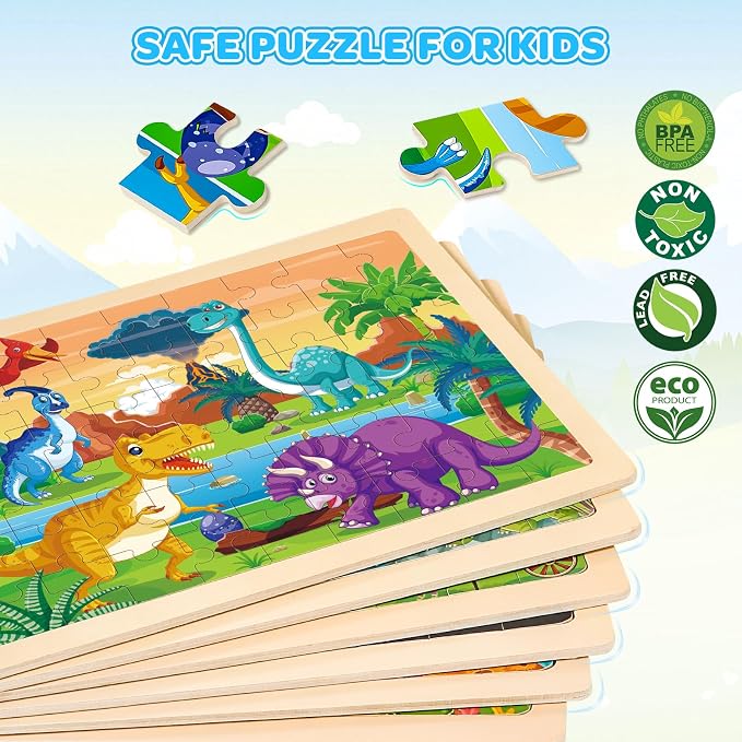 6-Pack Wooden Puzzles for Kids Ages 3-5, 60-Piece Animals Jigsaw Set | Toddler Puzzles Ages 3-5, Preschool Puzzles with Wooden Jigsaw Boards for Fine Motor Skills, Shape Recognition and Travel