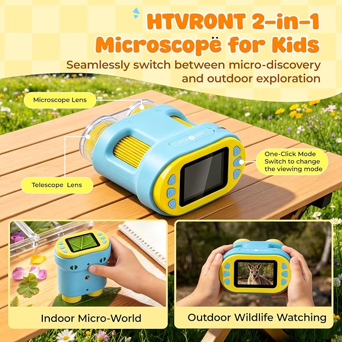 Handheld Microscope for Kids - HTVRONT 1000X Kids Microscope 2.0" HD Screen | 2-in-1 Microscope & Telescope, Kid-Friendly Operation, 4-Hour Extended Battery, Ideal Educational STEM Gift for Kids 3-12