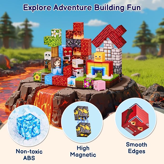 100PCS Magnetic Blocks, Magnetic Building Blocks Cubes Tiles for Kid | STEM Educational Stacking Magnets School Game Toys for Ages 3 4 5 6 7 8 9 10 11 Birthday Party Supplies Gift for Boy and Girl