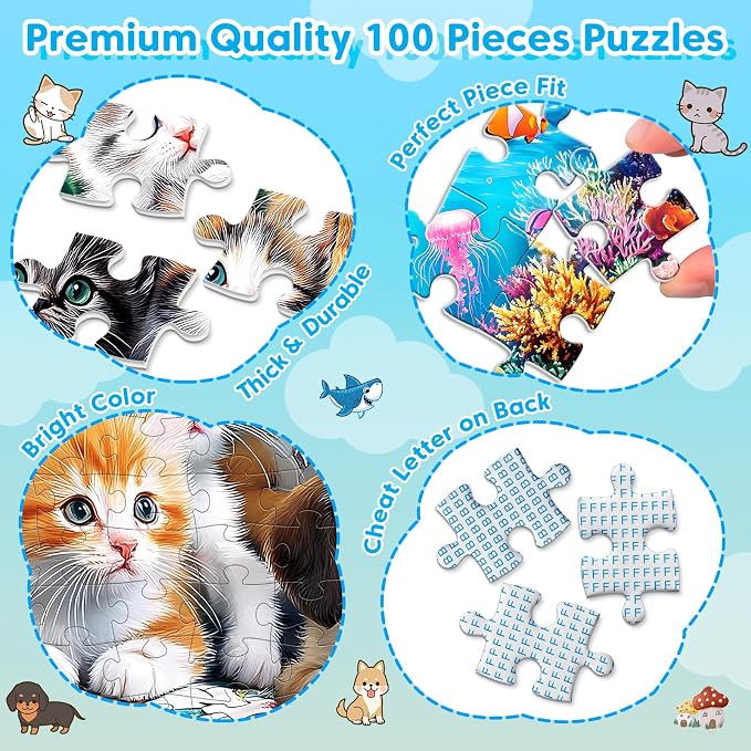4 Packs 100 Piece Puzzles for Kids Ages 4-6 6-8 8-10, Cats Dogs Sea World Mushroom Large Piece Puzzle for Seniors 100 Pieces Adults Jigsaw Puzzle Learning Educational Xmas Toys for Boys and Girls