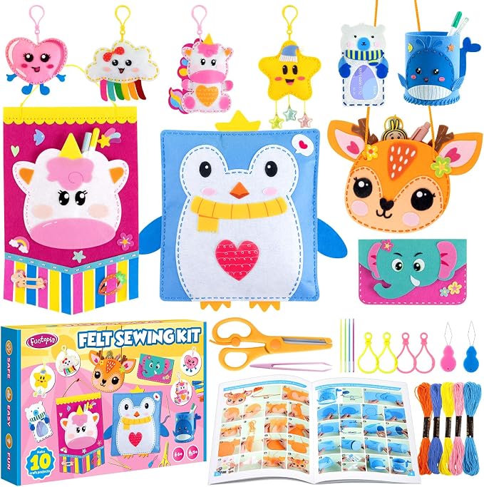 Felt Sewing Crafts for Kids Ages 4-12, 10 DIY Projects Kids Sewing Kit | Funtopia Learn to Sew with Tutorial for Plush Pillow Hanging Organizer Handbag, Beginner Sew Toys and Birthday Gift for Girls