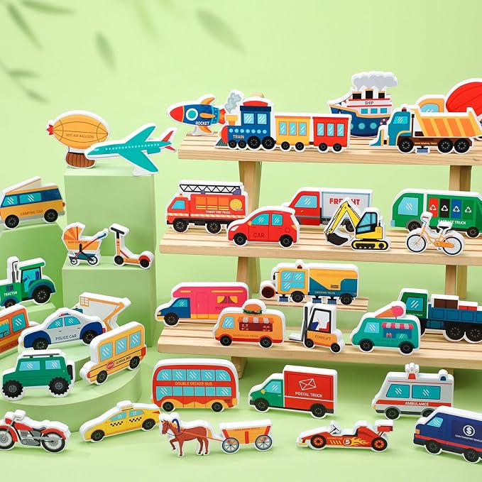 Kathfly 36 Pcs Wooden Community Helpers Vehicles, Career Figures Toy | Multicultural Career Blocks for Social Emotional Learning, Creative Play Figures, Preschool Classroom Teaching Wooden Set