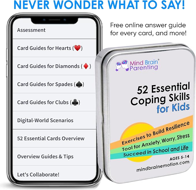 Mind Brain Emotion 52 Essential Coping Skills for Kids + Free Online Learning Library: CBT Calm Down Cards for Anxiety, Anger & Big Feelings - Emotional Regulation SEL Therapy Game, Ages 5-14