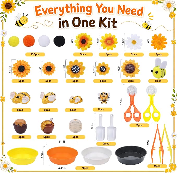 VYTHELIS 185PCS Bee & Sunflower Sorting and Counting Materials Set, Spring Summer Activity Supplies, Fine Motor Manipulatives for Classroom, Home and Travel Use（Sunflower ）