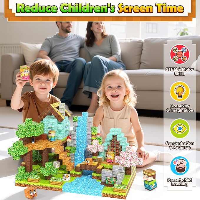 200PCS 0.8" Magnetic STEM Building Blocks Creative Fun for Kids Boys Girls | Mine Magnet World Building Crafts, Sensory Toys Learning Game for Kids Ages 3-5 5-7 8-12 Year Old - Garden Wonderland Playset