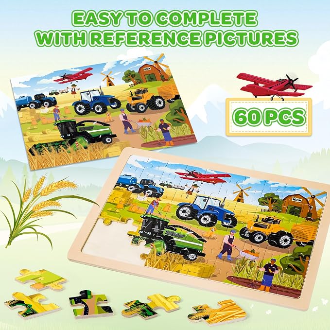 6 Themed Wooden Jigsaw Puzzles for Kids Ages 3-5, 60 Pieces Each | 6 x 60 Piece Puzzles 6-8, Ocean, Construction, Recycling, City, Solar Farm, Fire Rescue, Kids Boys Girls Birthday Gifts